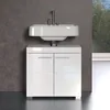 A white bathroom vanity with a sink and faucet against a dark gray wall and a window showing trees. Produktbild-Vorschau