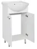 A white bathroom vanity with a sink and open cabinet doors, shown against a white background. Podgląd zdjęcia produktu