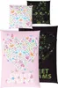 A collage of bedding sets with heart and bird designs, some of which glow in the dark. Produktbild-Vorschau