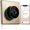 A smart thermostat and its corresponding mobile app interface are displayed side-by-side against a white background. Produktbild-Vorschau
