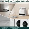 Collage showing a robot vacuum cleaner and its dust bag station, with close-ups of the dust bag material and packaging. Produktbild-Vorschau