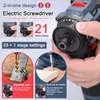 A close-up shot of an electric screwdriver with various features highlighted through text and inset images. Podgląd zdjęcia produktu