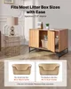 A cat cabinet with two litter boxes shown below, indicating size compatibility. Podgląd zdjęcia produktu
