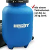 A blue sand filter tank with a logo and descriptive text. Produktbild-Vorschau