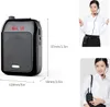 A collage showing a portable voice amplifier with dimensions and two images of people using it. Produktbild-Vorschau