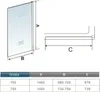 A diagram showing dimensions of a shower screen, with a table of sizes and measurements. Produktbild-Vorschau