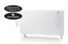 A white electric heater with a digital display and a remote control, shown on a white background with marketing text overlays. Anteprima dell’immagine prodotto
