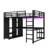 A black metal loft bed with a desk and shelves underneath, illuminated by purple LED lights. Anteprima dell’immagine prodotto