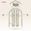A marketing image showcasing two door handles against a decorative background with text. Produktbild-Vorschau