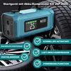A teal jump starter and air compressor is shown diagonally in front of a car tire, with feature callouts and text overlays. Produktbild-Vorschau