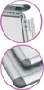 Close-up views of a silver frame, showing hinge mechanism and corner details. Voir les images du produit