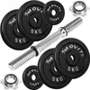 A set of adjustable dumbbells with weight plates and a barbell handle, arranged on a white background. Produktbild-Vorschau