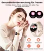 A woman wearing a smartwatch, with graphics and text explaining its health monitoring features. Produktbild-Vorschau