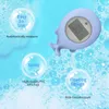 A close-up shot of a whale-shaped baby bath thermometer floating in bubbly water, with informational text and icons displayed in bubbles. Produktbild-Vorschau