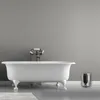 A clean, modern bathroom with a white clawfoot bathtub and a silver trash can. Produktbild-Vorschau