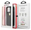 The image shows a product packaging for a Ferrari branded iPhone case. The packaging is open, revealing the black iPhone case inside. The right side of the packaging displays marketing information and icons. Anteprima dell’immagine prodotto