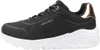 A side view of a black Skechers Uno Lite sneaker with a white sole and rose gold accents. Voir les images du produit