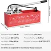 A red pressure testing pump with dimensions and specifications displayed. Produktbild-Vorschau