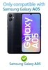 A Samsung Galaxy A05 phone shown from the back and front, with text indicating compatibility. Produktbild-Vorschau
