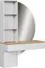 A modern white and wood tone vanity table with a large round mirror and integrated shelving. Voir les images du produit