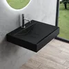 A modern black matte washbasin mounted on a gray wall, with a large window showing a green outdoor landscape in the background. Produktbild-Vorschau