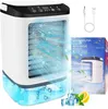 A mini electric fan cooler with ice cubes, lemon, and mint leaves, alongside its packaging and a USB cable. Produktbild-Vorschau