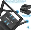 Close-up view of a black folding step stool, highlighting its features with text and arrows. Voir les images du produit