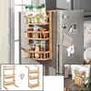 A multi-shelf storage rack is shown attached to a refrigerator, with smaller inset images showing alternative configurations and uses. Produktbild-Vorschau