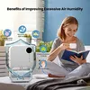 A woman is reading a book and drinking coffee in bed, with a dehumidifier and marketing graphics in the foreground. Produktbild-Vorschau