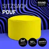 A yellow pouf sits in front of a blue and black wavy background. Text overlays provide product details. Anteprima dell’immagine prodotto
