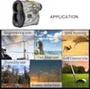 A collage of images showing different applications of a laser rangefinder, including engineering, outdoor activities, hunting, golf, forestry, and power line inspection. Produktbild-Vorschau