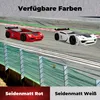 Two toy race cars on a race track, with a green safety net in the foreground and text overlays at the bottom indicating color options. Produktbild-Vorschau