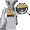 A hand holding a phone case with credit cards inserted, with a magnifying glass showing a close-up of a credit card chip. Produktbild-Vorschau