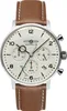 A close-up studio shot of a men's chronograph watch with a white dial and a brown leather strap. Produktbild-Vorschau