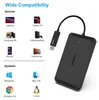 A black external hard drive enclosure with a USB cable connected, shown next to a graphic illustrating its wide compatibility with various devices and operating systems. Produktbild-Vorschau