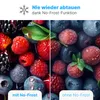 A split image showing berries and fruits, with text overlay highlighting the benefits of a No-Frost function. Produktbild-Vorschau