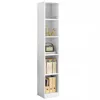 A tall, narrow white bookshelf with five shelves, each containing various decorative items and books. Náhľad obrázku produktu