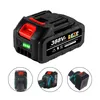 A collage of images showing a power tool battery and close-ups of its features. Produktbild-Vorschau