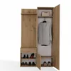 A wooden hallway cabinet with multiple compartments, including shelves, drawers, and hanging space for clothes, along with shoe storage at the bottom. Náhled obrázku produktu