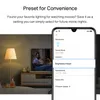 A smartphone screen displaying smart bulb settings next to a living room scene with a lamp and TV. Podgląd zdjęcia produktu