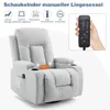 A light gray recliner chair with icons and text describing its features, and a hand holding a remote control. Voir les images du produit