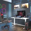 A modern gaming setup with a height-adjustable desk, gaming chair, computer, and decorative neon lights. Podgląd zdjęcia produktu