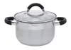 A stainless steel pot with a glass lid and black handles is shown against a white background. Podgląd zdjęcia produktu