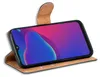A smartphone in a brown flip case, shown from a diagonal angle. Produktbild-Vorschau