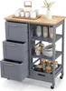 A grey kitchen cart with a wooden top, drawers, and shelves filled with jars and bowls. Podgląd zdjęcia produktu