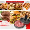 A collage of food items including pasta, meatballs, burgers, sausages, and a burger press. Produktbild-Vorschau