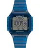 A digital watch with a blue, striped band and a digital display showing the time and day. Produktbild-Vorschau