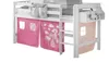 A loft bed with pink and light pink curtains adorned with a princess and unicorn design, and gray storage pockets attached to the side. Produktbild-Vorschau