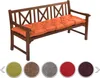 A wooden bench with an orange cushion on it, displayed on a white background. Below the bench are swatches of different cushion colors. Produktbild-Vorschau