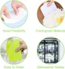 A collage of four circular images showcasing different features of dough scrapers. Produktbild-Vorschau